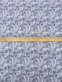 White/Dark Navy/Muted Cornflower Blue 100% Cotton Ornate Paisley Print Poplin Shirting 57W
