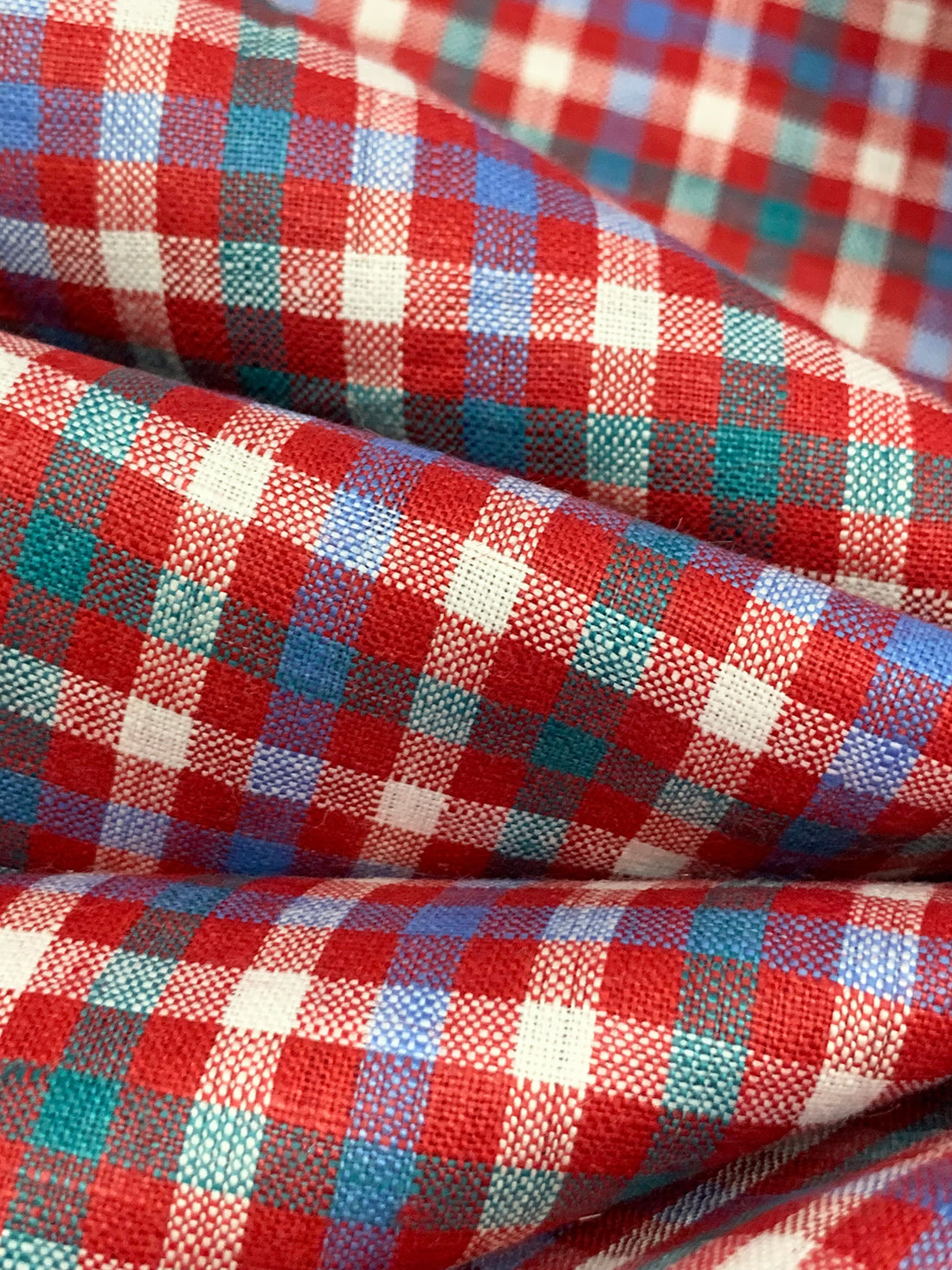 Pure Crimson/Cornflower Blue/White 100% Linen Yarn-Dyed Plaid Shirt Weight Woven 56W