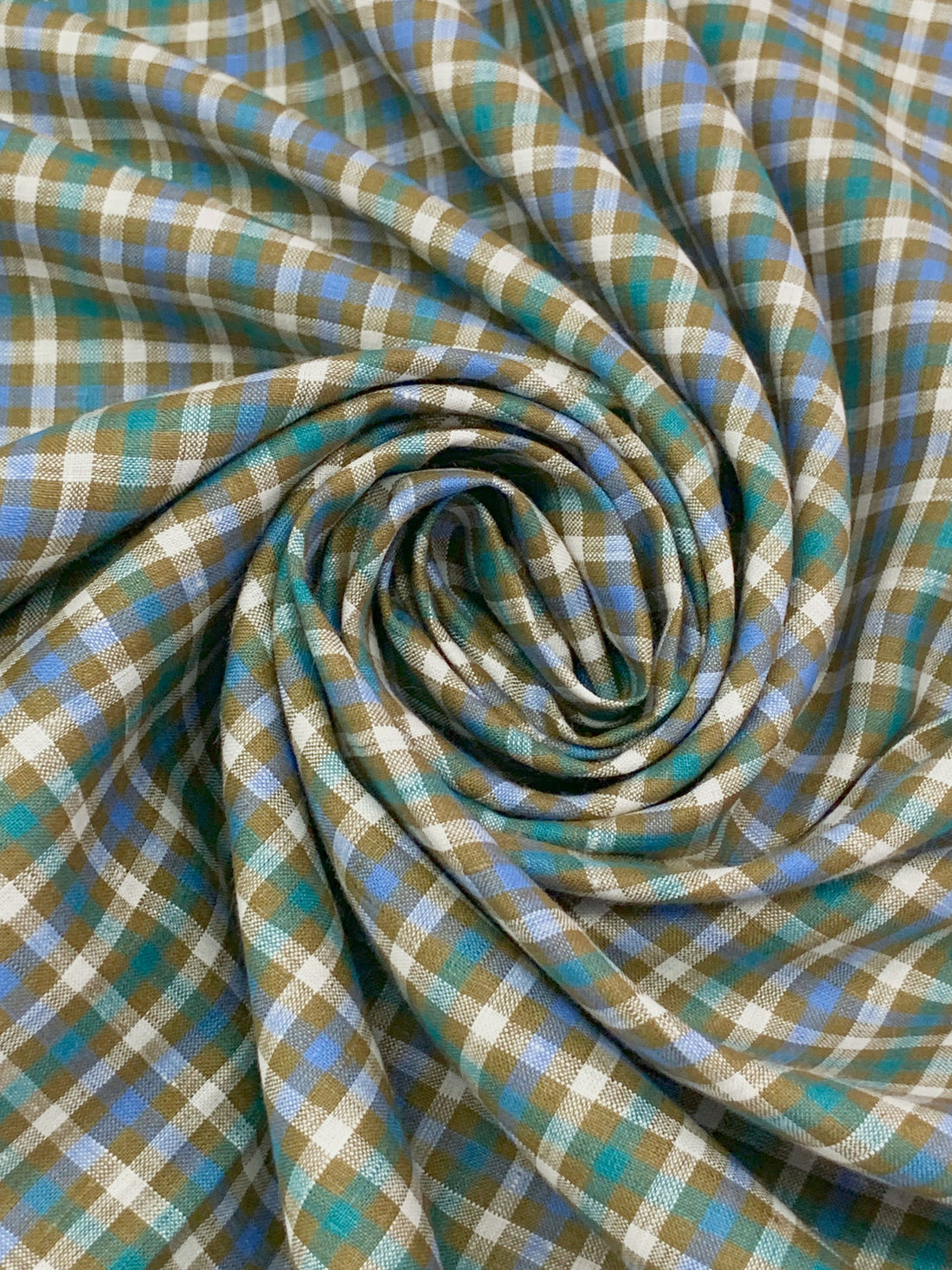 Mustard Green/Steel Blue/White 100% Linen Yarn-Dyed Plaid Shirt Weight Woven 56W