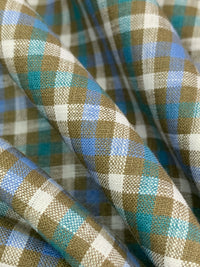 Mustard Green/Steel Blue/White 100% Linen Yarn-Dyed Plaid Shirt Weight Woven 56W