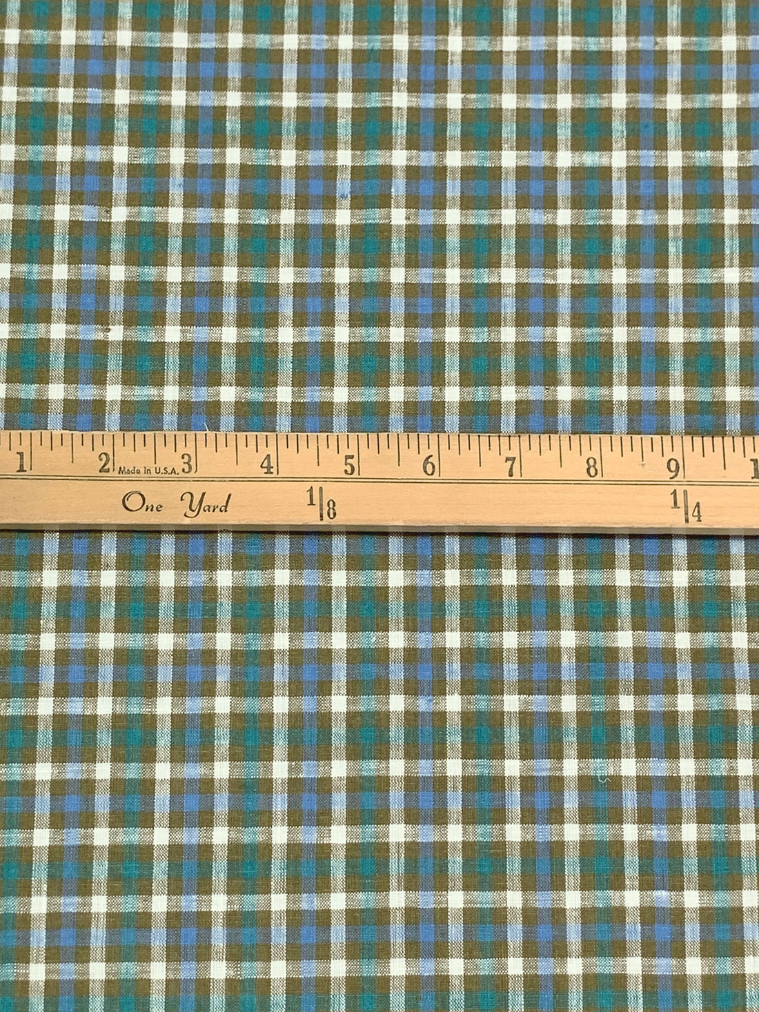 Mustard Green/Steel Blue/White 100% Linen Yarn-Dyed Plaid Shirt Weight Woven 56W