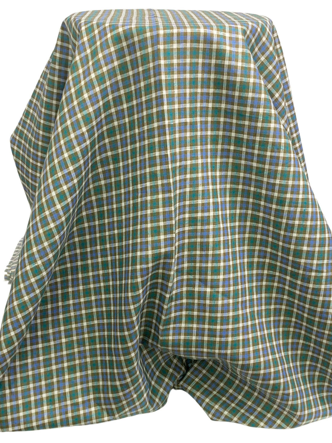 Mustard Green/Steel Blue/White 100% Linen Yarn-Dyed Plaid Shirt Weight Woven 56W