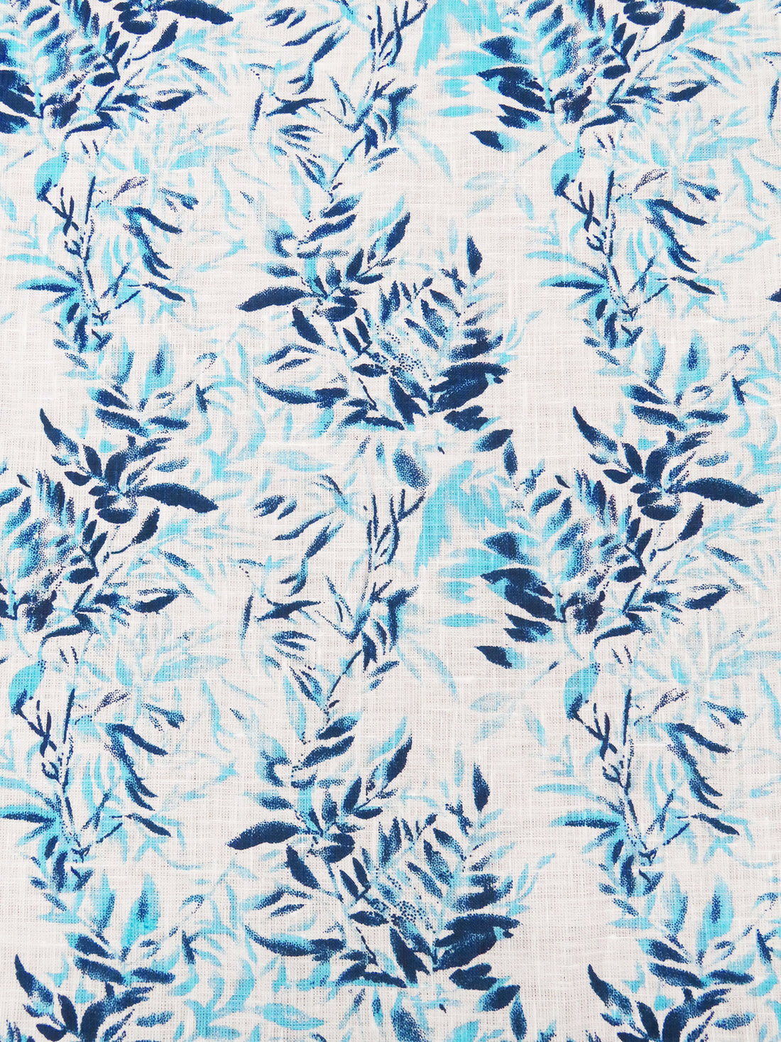 White/Dark Denim/Seafoam Blue 100% Linen Leaves Print Shirt Weight Woven 56W