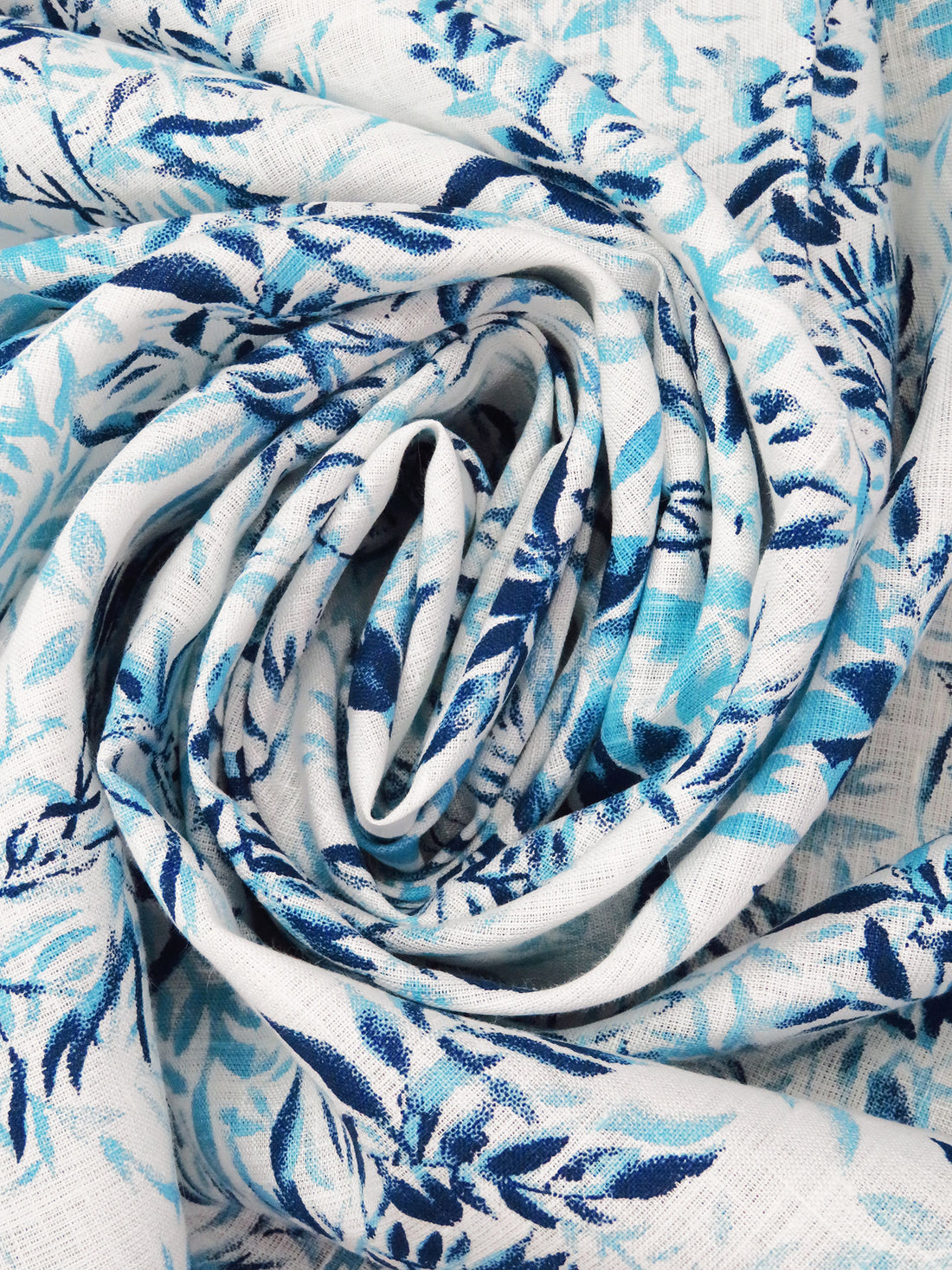 White/Dark Denim/Seafoam Blue 100% Linen Leaves Print Shirt Weight Woven 56W