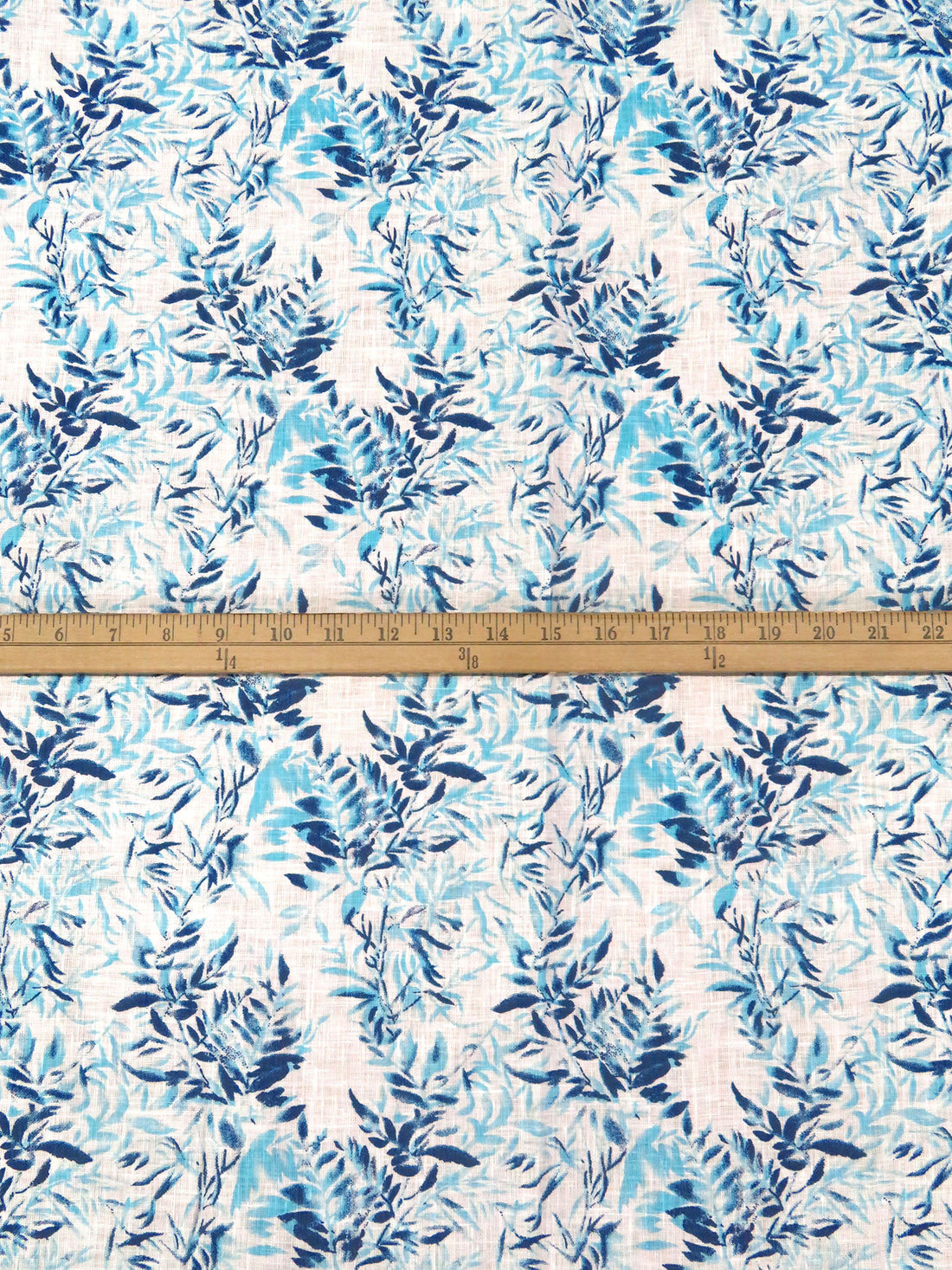 White/Dark Denim/Seafoam Blue 100% Linen Leaves Print Shirt Weight Woven 56W