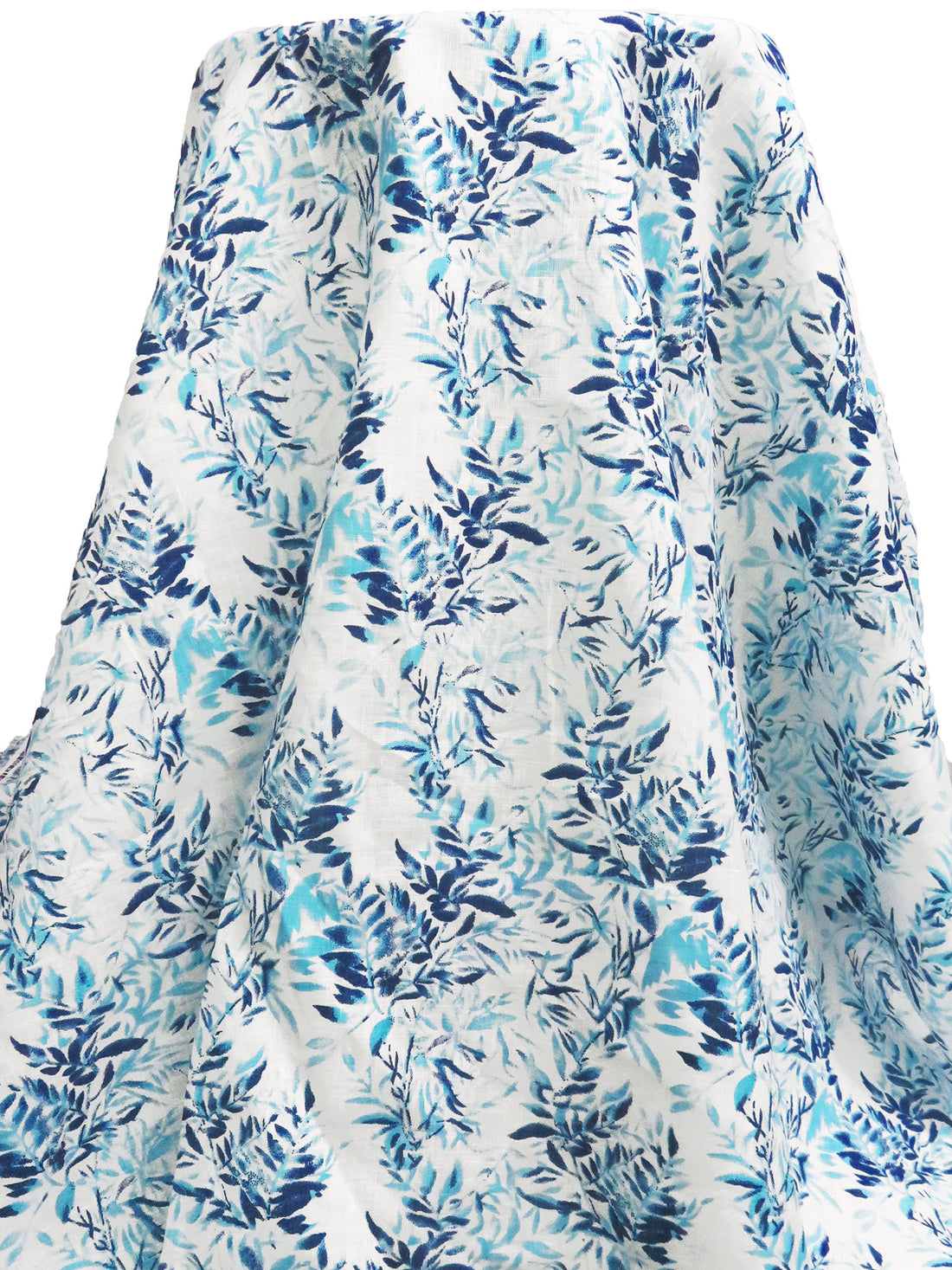 White/Dark Denim/Seafoam Blue 100% Linen Leaves Print Shirt Weight Woven 56W