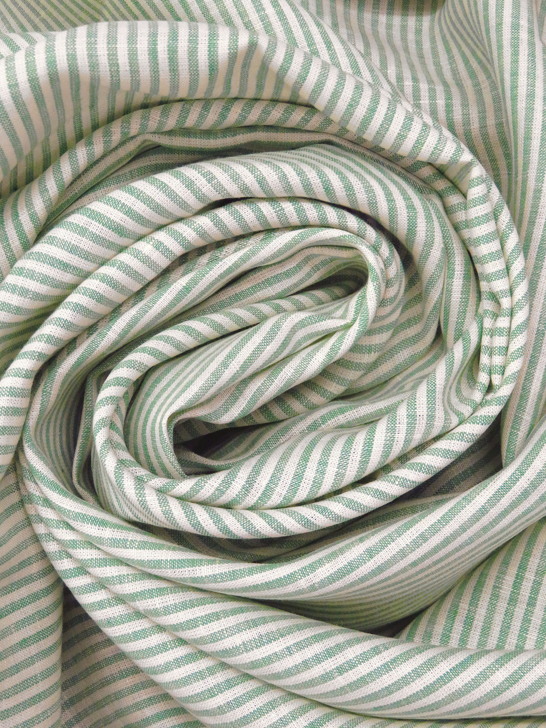 Middle Green/Off-White 100% Linen Small Vertical Stripe Weave Shirt Weight Woven 56W