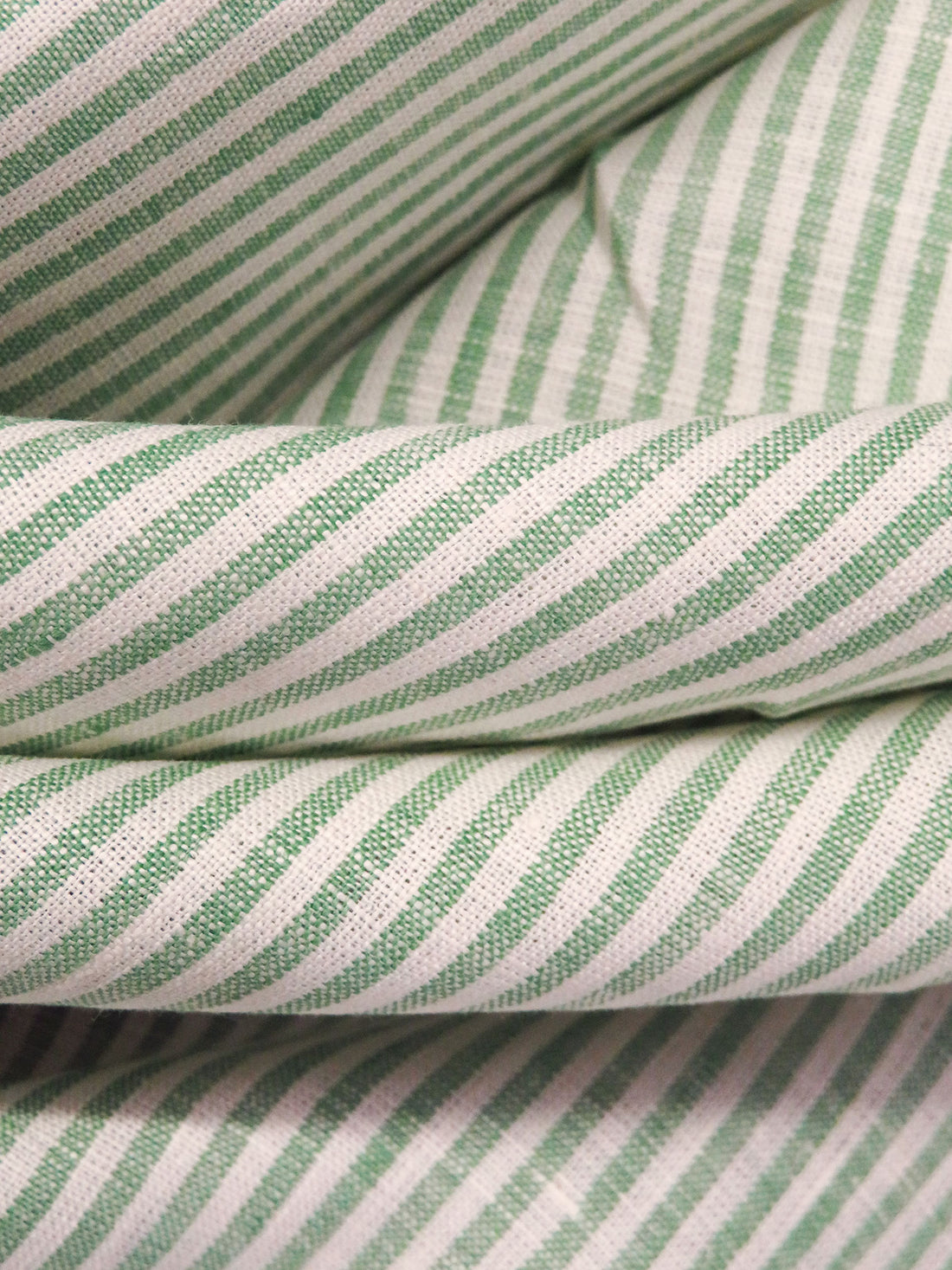 Middle Green/Off-White 100% Linen Small Vertical Stripe Weave Shirt Weight Woven 56W
