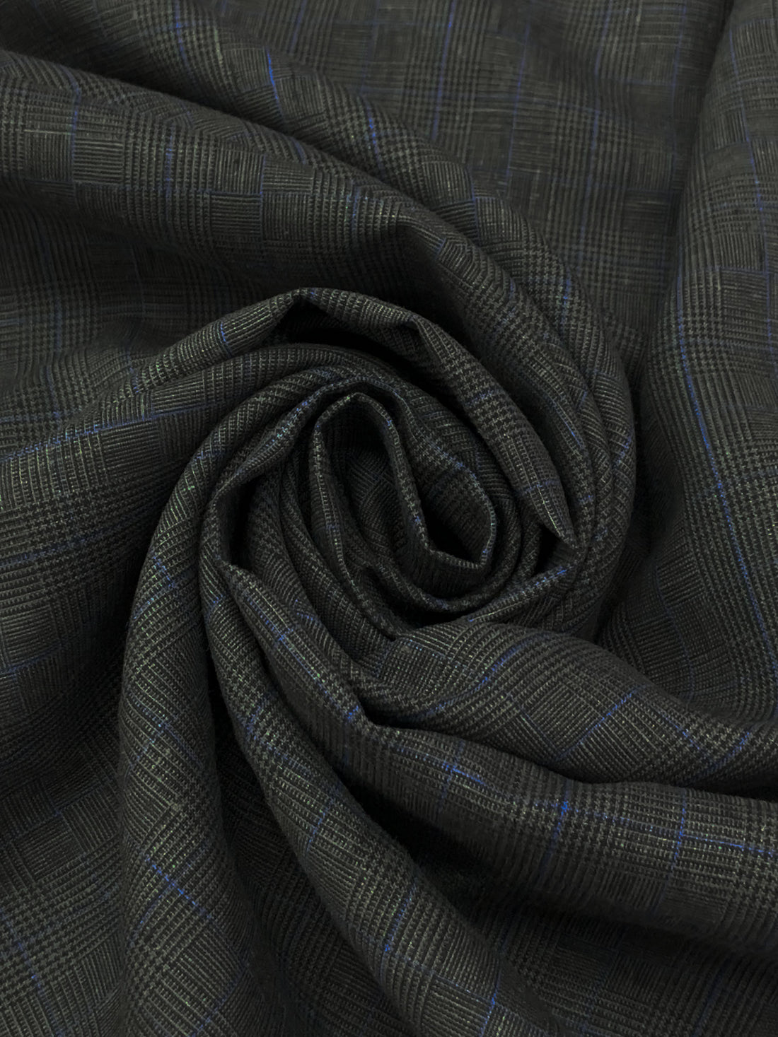 Gray/Black/Cobalt Blue 100% Linen Yarn-Dyed Plaid Shirt Weight Woven 58W