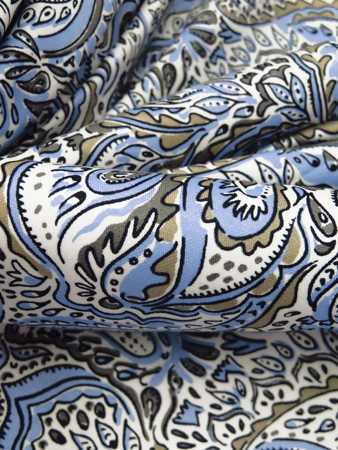 White/Light Cobalt/Black/Multi Cotton/Lycra Busy Folk Floral Paisley Print Stretch Sateen Shirting 54W