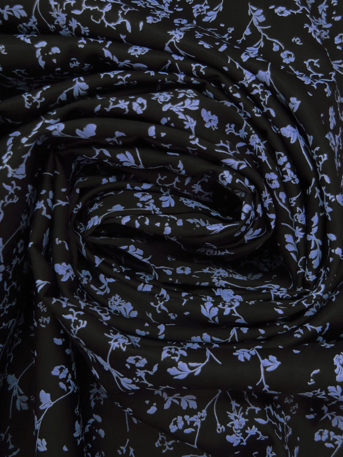 Black/Dark Cornflower Blue 100% Cotton Floral Stem Silhouette Print Sateen Shirting 60W