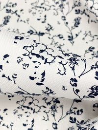 White/Navy 100% Cotton Floral Branches Print Diamond Weave Shirting 61W