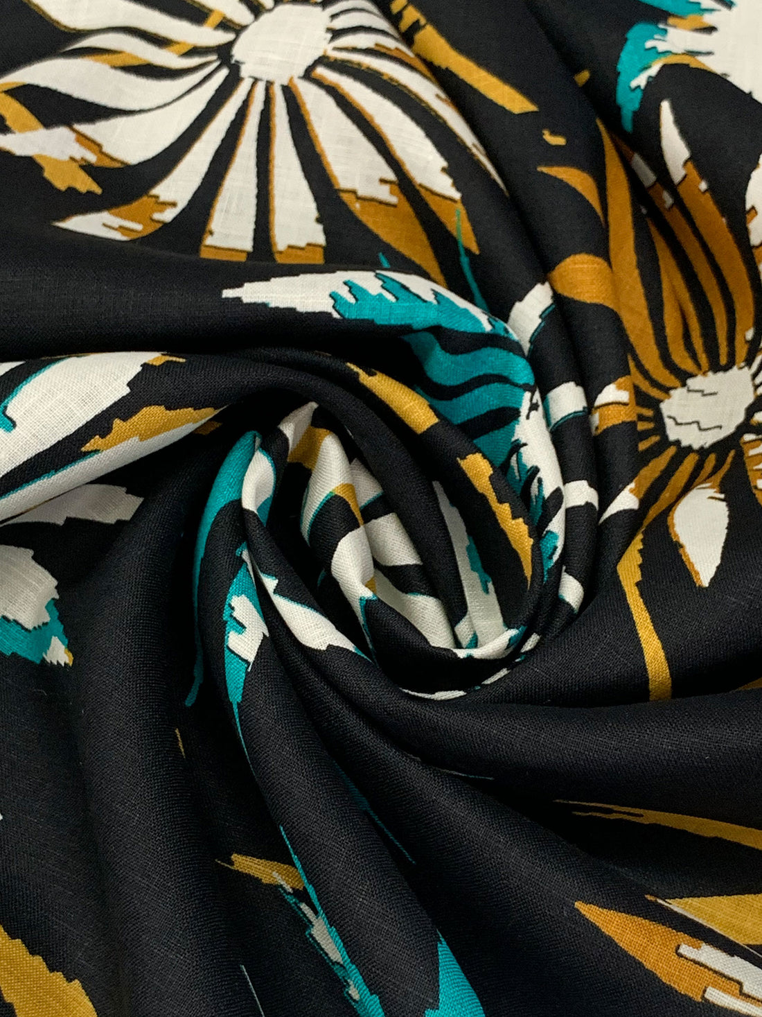Muted Cool Black/Harvest Gold/Laguna Blue/Multi 100% Linen Abstract Floral Print Shirt Weight Woven 52W