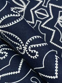 Dark Imperial Blue/Off-White 100% Linen Geometric Medallion Print Shirt Weight Woven 51W