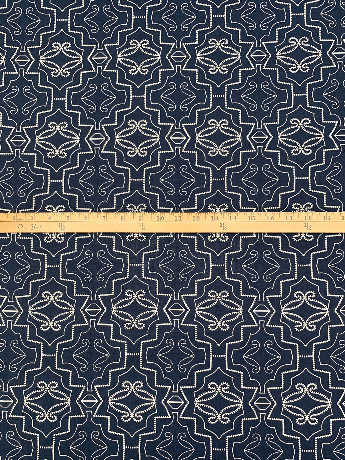 Dark Imperial Blue/Off-White 100% Linen Geometric Medallion Print Shirt Weight Woven 51W