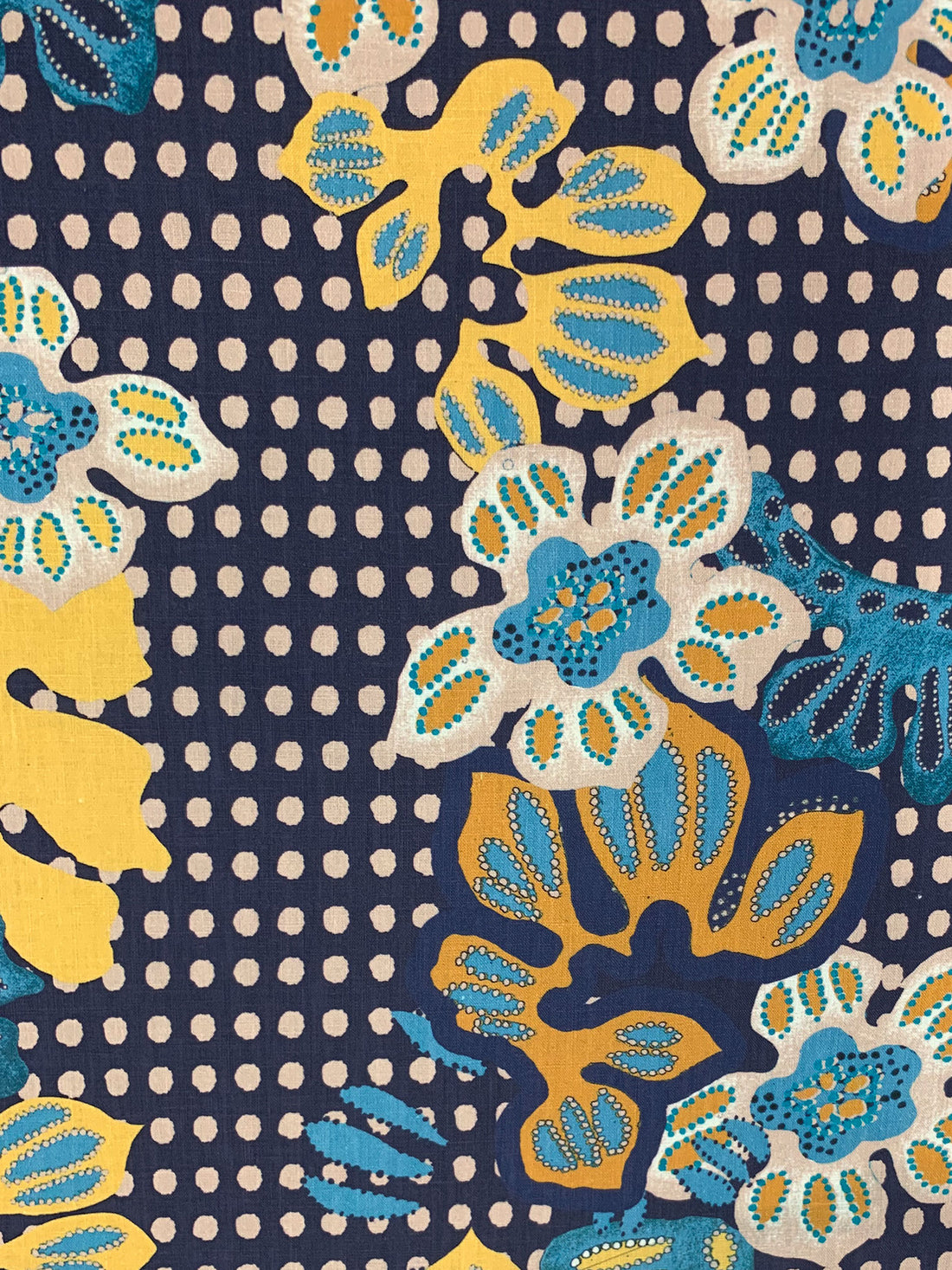 SOLD BY THE PANEL ONLY - Prussian Blue/Goldenrod/Multi 100% Linen Stylized Folk Floral Dot Print Shirt Weight Woven 52W
