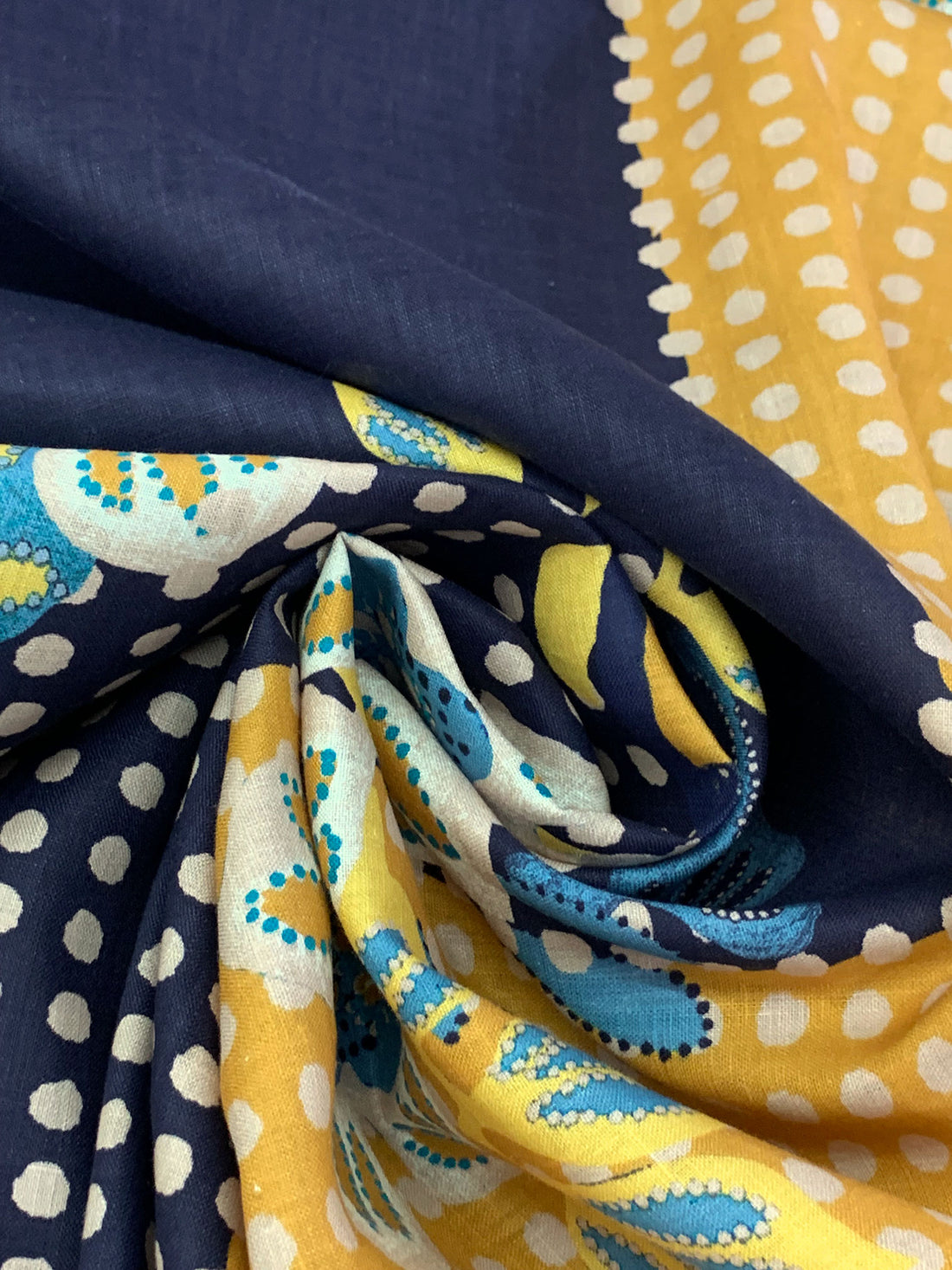 SOLD BY THE PANEL ONLY - Prussian Blue/Goldenrod/Multi 100% Linen Stylized Folk Floral Dot Print Shirt Weight Woven 52W