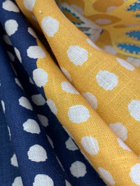 SOLD BY THE PANEL ONLY - Prussian Blue/Goldenrod/Multi 100% Linen Stylized Folk Floral Dot Print Shirt Weight Woven 52W