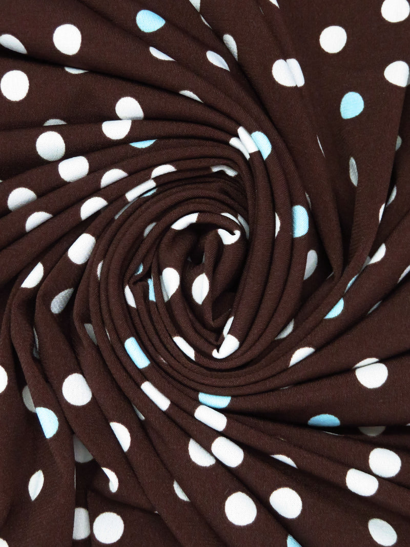 Chocolate/Soft Aqua/White Polyester/Lycra Polka Dot Print ITY Knit - Famous Dress Designer - 59W