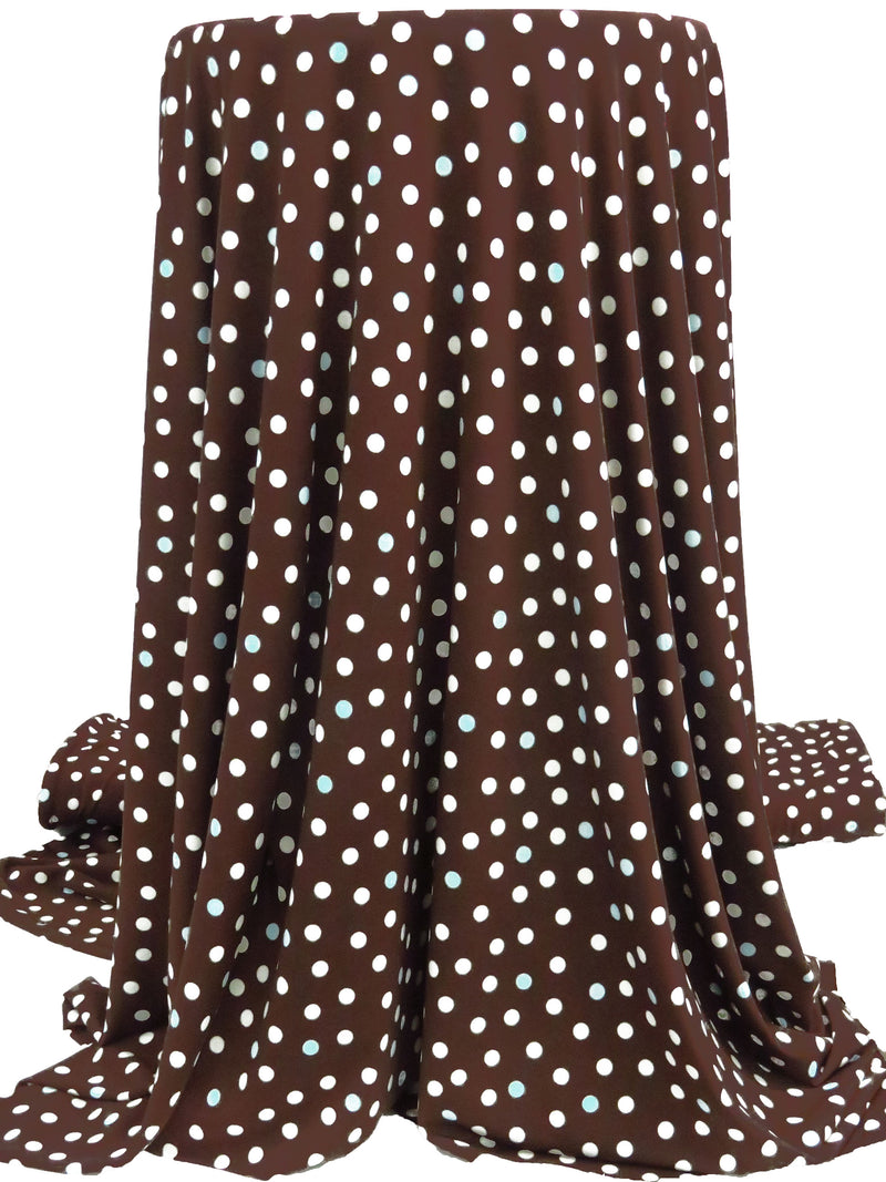 Chocolate/Soft Aqua/White Polyester/Lycra Polka Dot Print ITY Knit - Famous Dress Designer - 59W