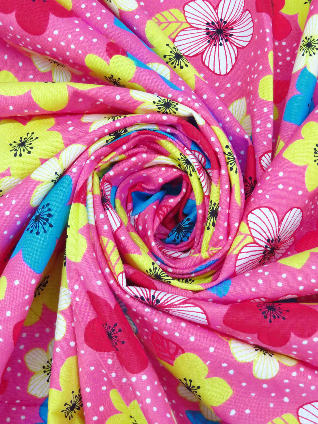 Magenta Pink/Rich Electric Blue/White/Bitter Lemon 100% Cotton Floral Dot Print Poplin Shirting 58W