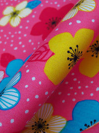 Magenta Pink/Rich Electric Blue/White/Bitter Lemon 100% Cotton Floral Dot Print Poplin Shirting 58W