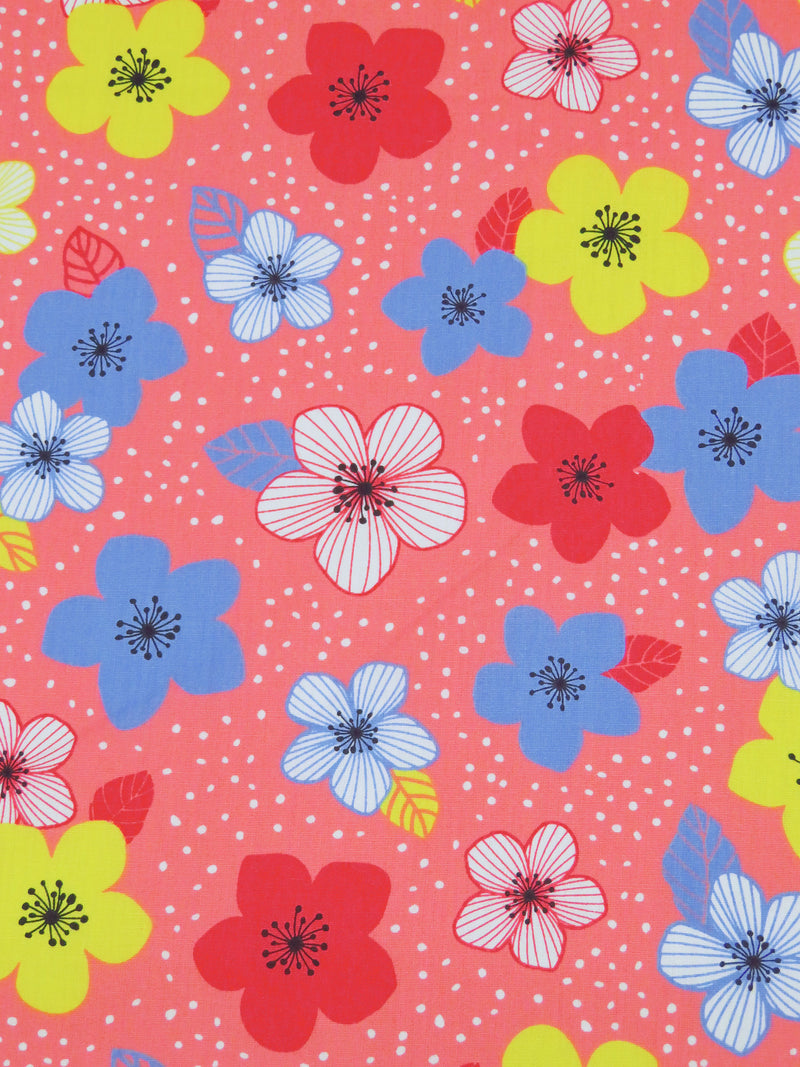 Light Coral Pink/Bright Blue/Soft Lemon/White 100% Cotton Floral Dot Print Poplin Shirting 58W