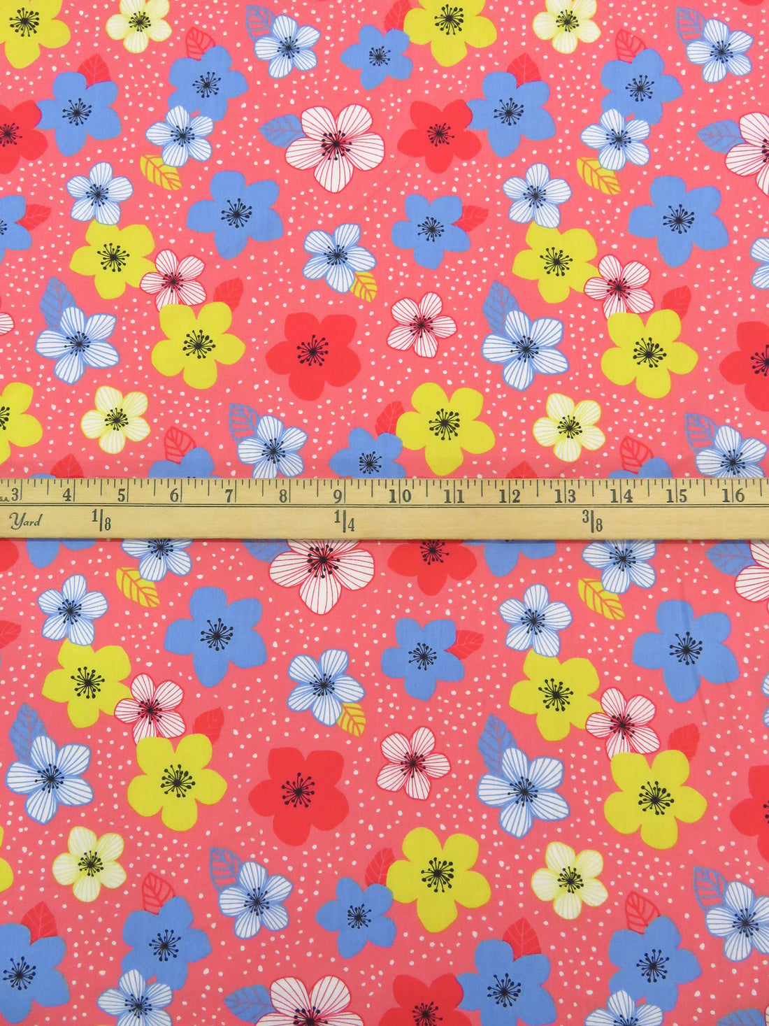 Light Coral Pink/Bright Blue/Soft Lemon/White 100% Cotton Floral Dot Print Poplin Shirting 58W