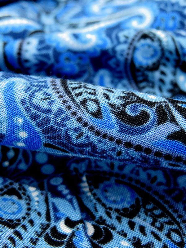 Cobalt Blue/Black/White/Multi 100% Rayon Floral Scrolls Print Challis 56W