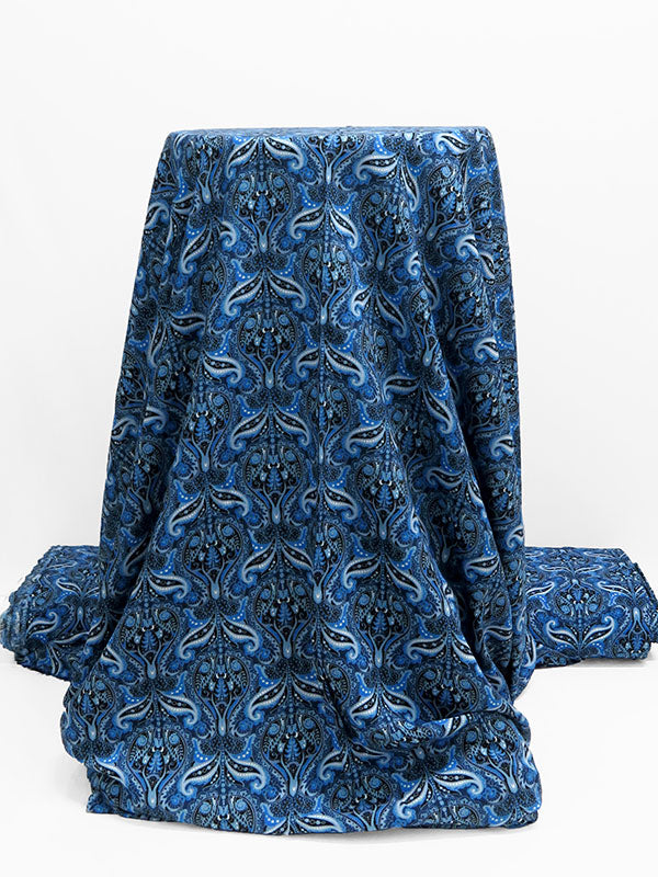 Cobalt Blue/Black/White/Multi 100% Rayon Floral Scrolls Print Challis 56W