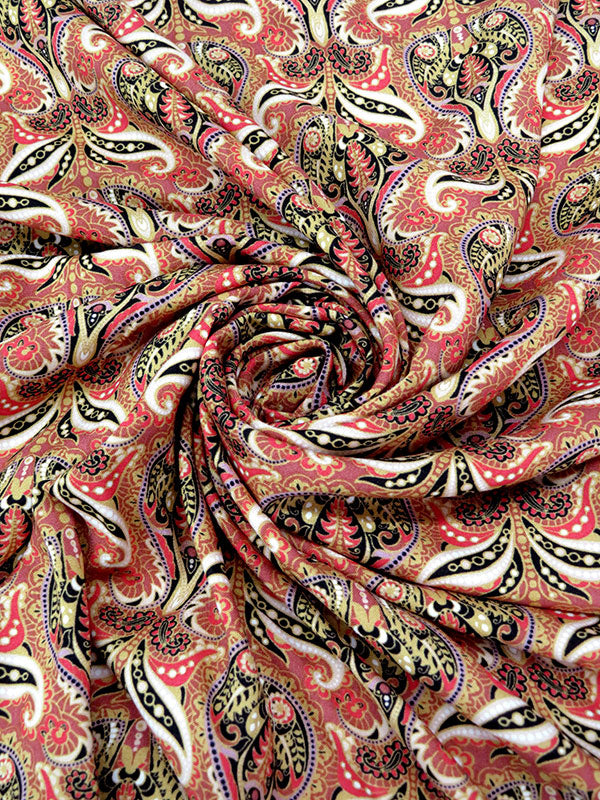 Imperial Red/Black/Pale Pink/Multi 100% Rayon Floral Scrolls Print Challis 56W