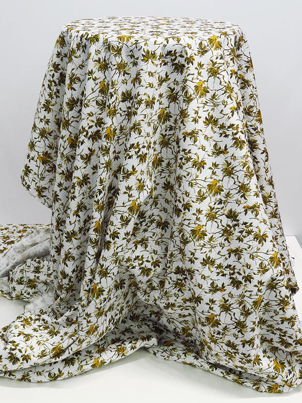 White/Dark Goldenrod/Black/Slate Gray 100% Cotton Floral Branches Over Micro Stylized Dot Print Pique Shirting 56W