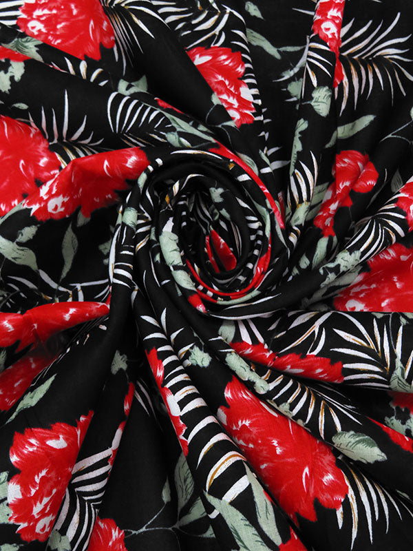 Black/Crimson/Laurel Green 100% Cotton Floral Print Voile 56W