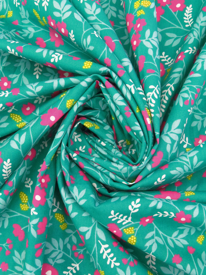 Aqua Green/Light Blue/French Rose/Multi 100% Cotton Floral Print Poplin Shirting 58W