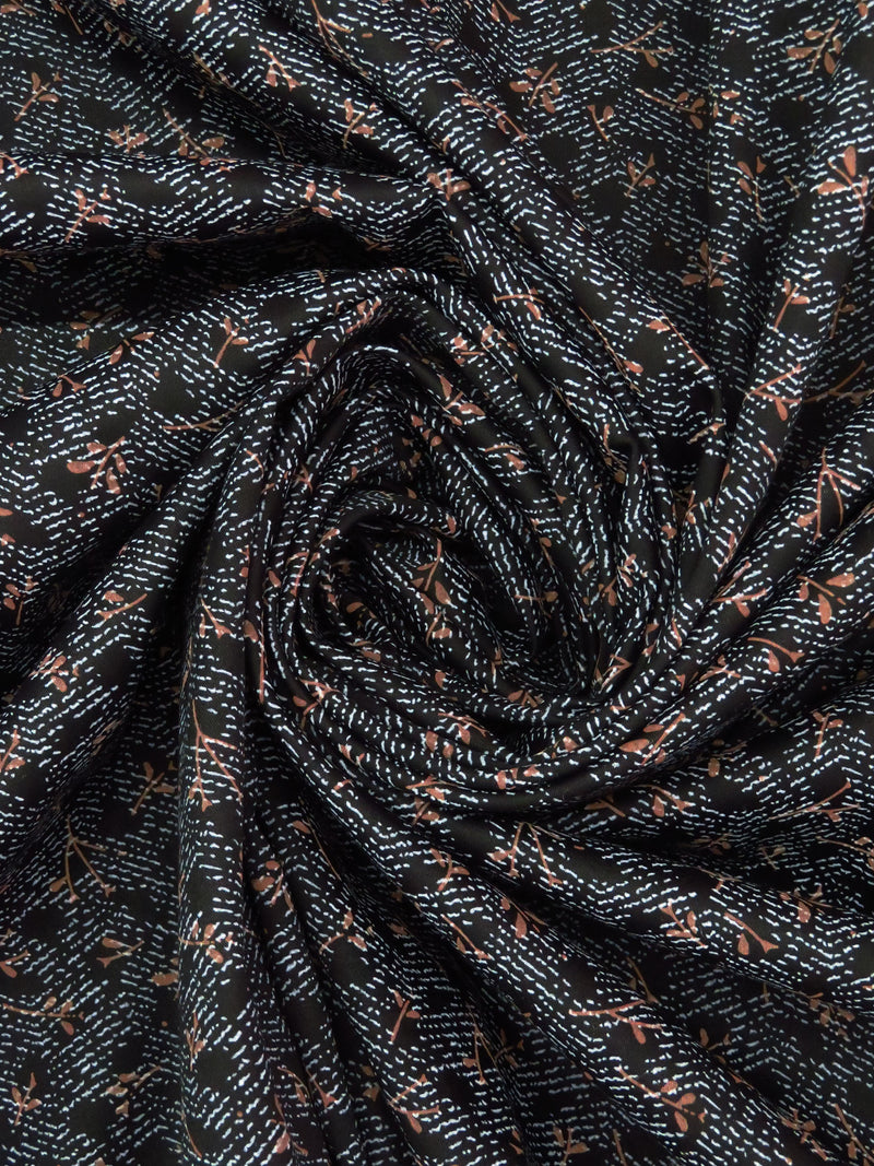 Black/Muted Coffee/Pewter Blue 100% Cotton Abstract Floral Branch Print Shirt Weight Woven 58W