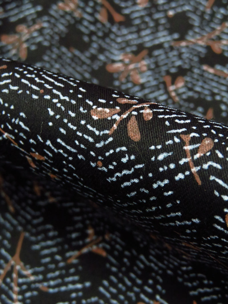 Black/Muted Coffee/Pewter Blue 100% Cotton Abstract Floral Branch Print Shirt Weight Woven 58W