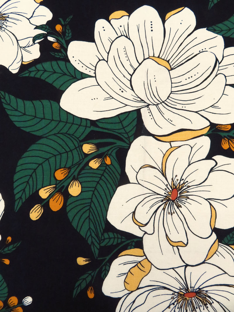 Ivory/Forest Green/Black/Multi Linen/Rayon Large Floral Print Shirt-Weight Woven 54W