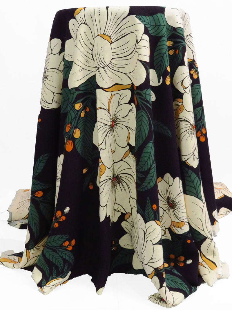 Ivory/Forest Green/Black/Multi Linen/Rayon Large Floral Print Shirt-Weight Woven 54W