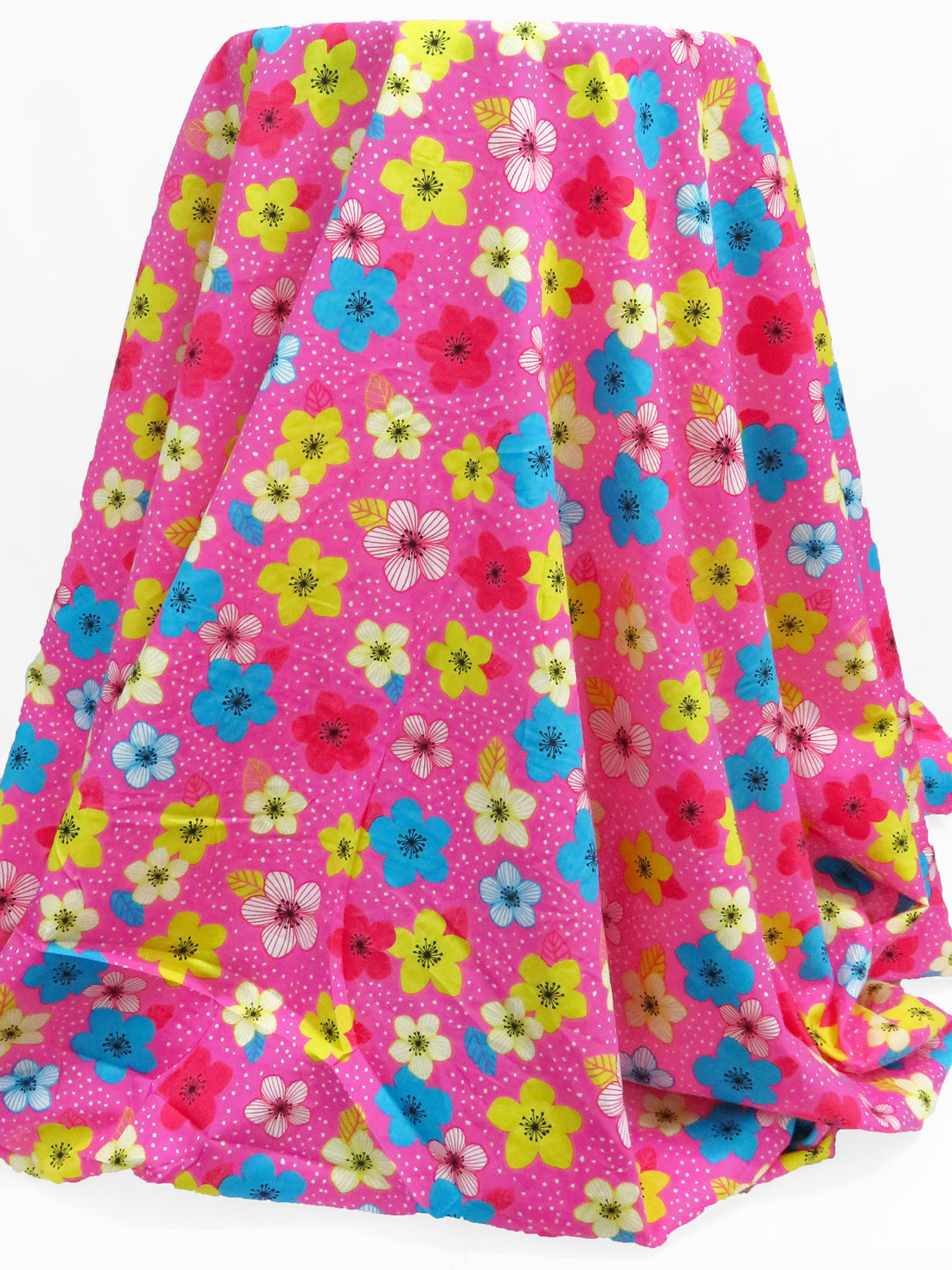 Magenta Pink/Rich Electric Blue/White/Bitter Lemon 100% Cotton Floral Dot Print Poplin Shirting 58W