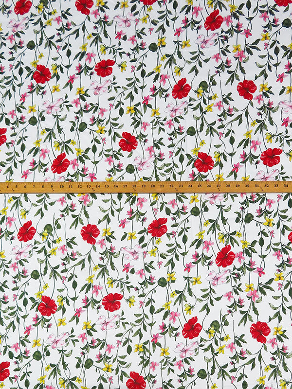 White/Atomic Red/Dandelion/Blush Pink 100% Cotton Floral Print Sateen Shirting 58W