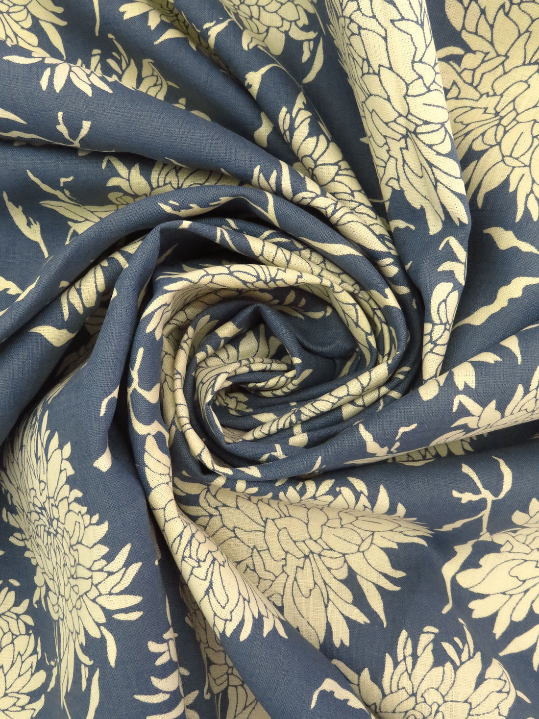 Independence Blue/Custard Cream 100% Linen Contour Floral Print Shirting 56W