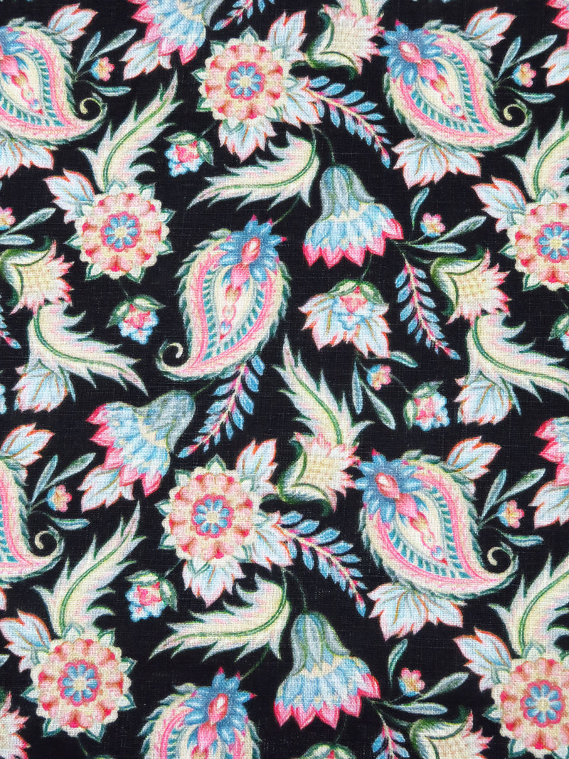 Black/Medium Persian Blue/Cream/Multi 100% Linen Stylized Paisley Floral Print Shirting 58W
