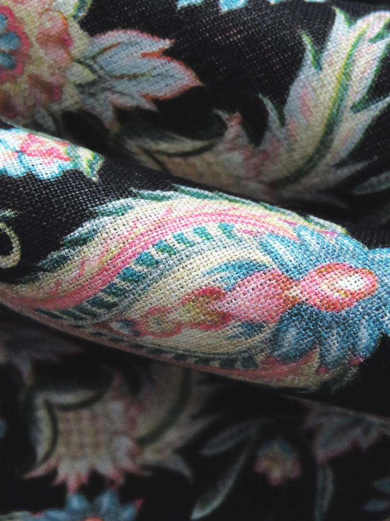 Black/Medium Persian Blue/Cream/Multi 100% Linen Stylized Paisley Floral Print Shirting 58W