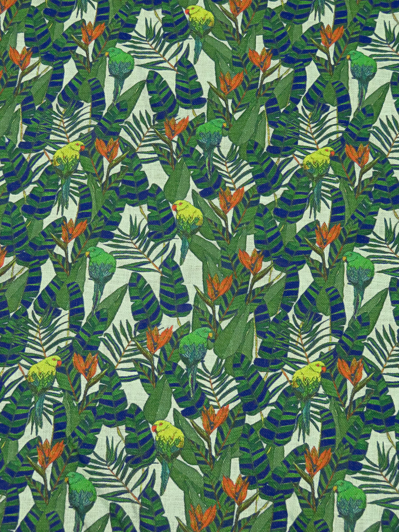 Fern Green/Dark Imperial Blue/Dark Lemon Lime/Multi 100% Linen Tropical Floral & Birds Print Shirting 58W