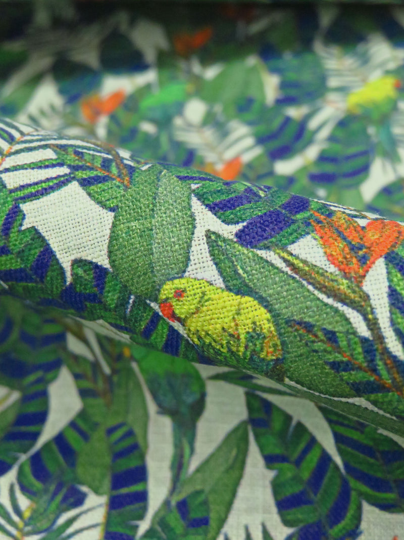 Fern Green/Dark Imperial Blue/Dark Lemon Lime/Multi 100% Linen Tropical Floral & Birds Print Shirting 58W