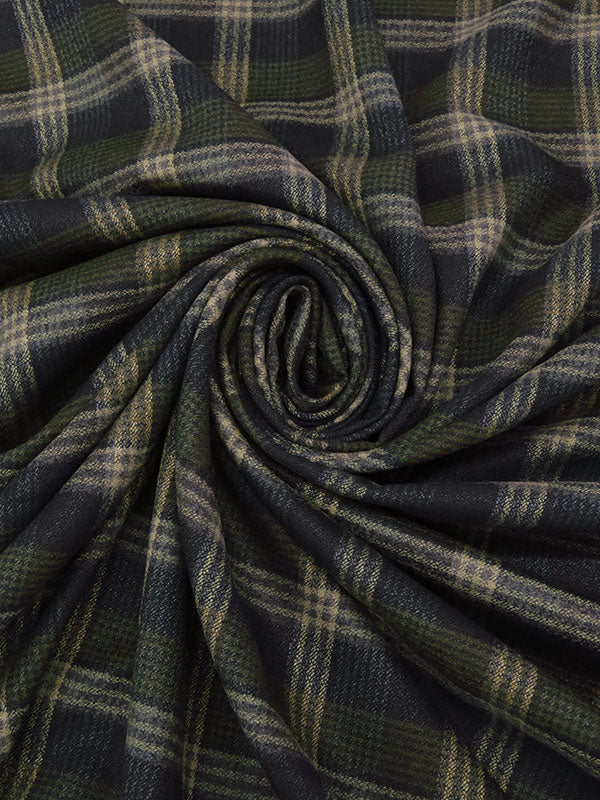 Muted Black/Rifle Green/Desert Sand/Gray Viscose/Wool Plaid Crepe Suiting - Made In USA - 57W