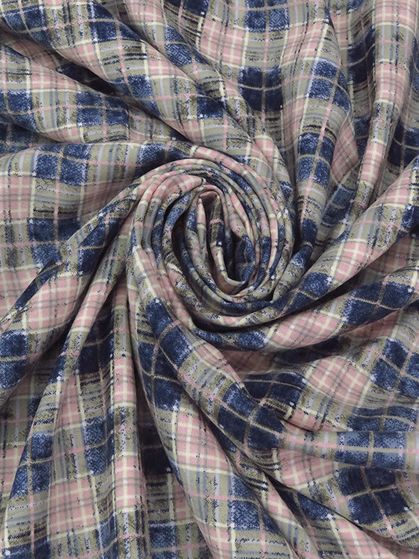 Silvery Pink/Dark Cerulean/Cream 100% Rayon Rugged Plaid Challis 54W