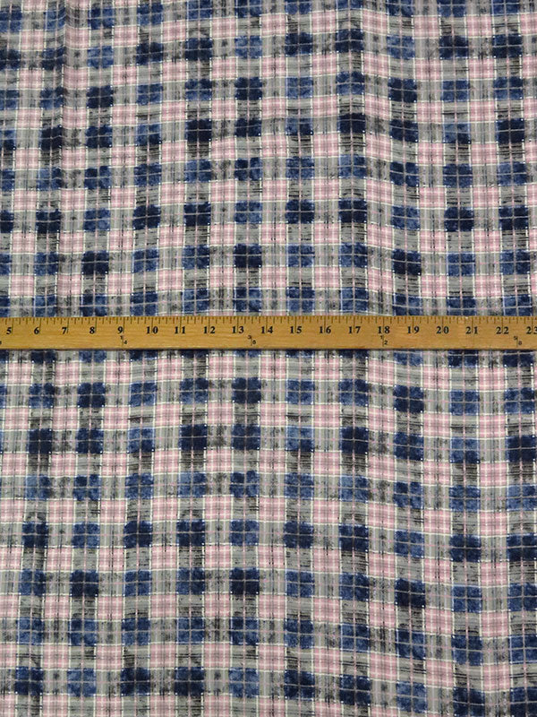 Silvery Pink/Dark Cerulean/Cream 100% Rayon Rugged Plaid Challis 54W