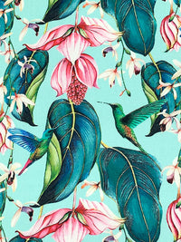 Pale Robin Egg Blue/Amaranth Pink/Dark Cyan 100% Rayon Hummingbird Floral Print Challis 54W