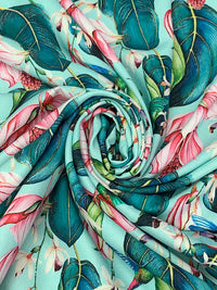 Pale Robin Egg Blue/Amaranth Pink/Dark Cyan 100% Rayon Hummingbird Floral Print Challis 54W